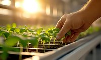 Gardener tending to young seedlings in greenhouse nursery with sunlight streaming through, creating warm atmospheric glow while checking plant growth.