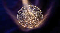Glowing wireframe sphere with interconnected golden lines on dark blue background, representing global network, data connectivity, technology, and digital communication systems.