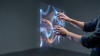 Businessman hands touching futuristic holographic interface with glowing blue and orange light effects on dark background for technology presentations.