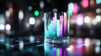 Glowing neon equalizer bars in glass with vibrant blue and purple reflections on dark background with bokeh lights, creating futuristic music visualization effect.