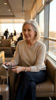 Confident senior businesswoman with silver hair sitting in modern office lounge holding documents, professional corporate environment with large windows.