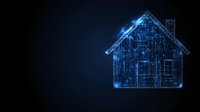 Glowing blue wireframe house silhouette with digital circuit pattern on dark background shows smart home and automation technology concept.