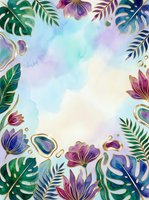 Watercolor tropical floral frame with gold outlines, monstera leaves, purple and blue flowers on soft pastel background with copy space.