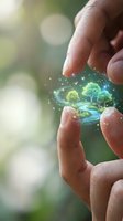 Hands protecting glowing miniature nature scene with trees and water representing environmental conservation and sustainability concept for Earth Day campaigns.
