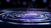 Water drop splash creating concentric ripples on dark surface with purple and blue bokeh lights, frozen motion capture showing detailed water dynamics and droplet spray.
