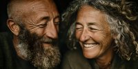 Happy senior couple laughing together showing genuine joy and connection in intimate moment. Elderly man with beard and woman with curly gray hair smiling.