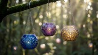 Three colorful glass lanterns hanging from tree branch with warm bokeh lights creating magical outdoor ambiance for garden parties and evening celebrations.
