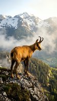 Alpine chamois standing on rocky cliff overlooking misty mountain valley at golden hour sunrise with snow-capped peaks and forest below.