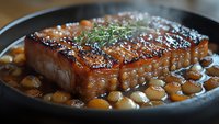 Succulent pork belly with crispy caramelized top served in cast iron pan with pearl onions and rich brown sauce, garnished with fresh herbs.