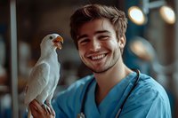 Young male veterinarian in blue scrubs smiling while white cockatoo perches on his hand against blurred clinic background with warm lighting. Represents pet care.