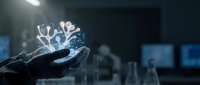 Futuristic holographic molecular structure floating above open palm in modern laboratory setting with digital technology and scientific research concept.
