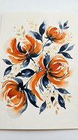 Watercolor floral bouquet with orange roses and navy blue leaves on textured paper for wedding invitations, greeting cards and home decor projects.