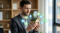 A middle-aged Caucasian male professional in business attire holds a miniature house with solar panel, surrounded by floating eco-friendly icons representing renewable energy, water conservation, and sustainable living solutions for green home technology.