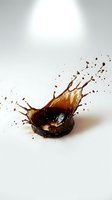 Coffee splash with dynamic droplets and crown formation on white background isolated for beverage advertising and cafe marketing materials.