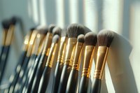 Professional makeup brushes with golden ferrules arranged in row casting soft shadows, close-up view for beauty and cosmetics industry.