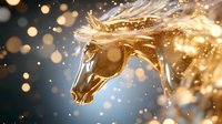Magical golden horse head with glowing particles and bokeh lights on dark background, mystical equestrian art with sparkling effect and ethereal atmosphere.