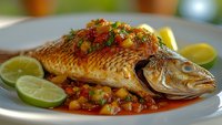 Grilled whole fish with crispy golden skin served on white plate with fresh lime wedges and colorful vegetable salsa for gourmet seafood dining.