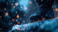 Ice skate blade gliding across frozen surface with snow and bokeh lights in dark blue winter atmosphere, dramatic sports close-up photography.