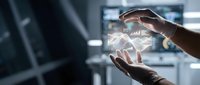 Professional hands holding glowing digital brain hologram in modern technology laboratory environment for artificial intelligence and innovation concepts.