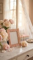 Ornate rose gold picture frame on white dresser with pink peonies and soft curtains creating romantic feminine bedroom decor for home styling projects.