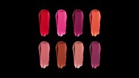Eight vibrant lipstick swatches in red, pink, plum, coral, nude, brown, and berry tones, isolated on transparent background, ready for beauty clipart, stickers, and t-shirt design.