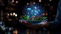 Glowing digital hologram with network icons floating above hand with green plants, symbolizing sustainable technology and environmental innovation in dark setting.