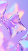 Iridescent crystal star shape with holographic reflections on purple and pink background, magical sparkles and light effects create dreamy atmosphere.