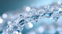 Sparkling water drops on transparent surface with bokeh light effects in blue tones, macro photography showing crystal clear liquid formations.