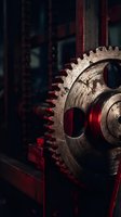 Vintage industrial gear wheel machinery close-up with dramatic lighting showcasing mechanical engineering and manufacturing heritage in moody atmosphere.