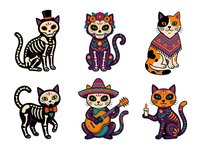 Day of the dead cats with skeleton bones, floral crowns, and colorful traditional clothing. Isolated clipart set ready for t-shirt designs, invitations, and festive decorations.