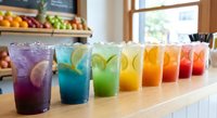 Colorful rainbow gradient drinks lined up on wooden counter in bright cafe setting with fresh fruit display in background for summer beverage menu.