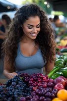 Young Latin woman with curly hair smiling while shopping for fresh fruits at outdoor market. Natural lighting and bokeh background create warm atmosphere.
