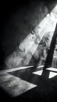 Sunlight streams through window creating dramatic shadows and dust particles floating in air, monochrome artistic composition for fine art and atmospheric backgrounds.