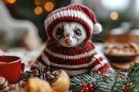 Adorable kitten wearing festive red striped sweater and hat surrounded by holiday decorations, pine cones and warm bokeh lights for seasonal greeting cards.