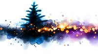 Silhouette of pine tree against vibrant watercolor background with glowing bokeh lights and splashes in blue, purple, and orange tones. Dreamy winter scene.