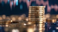Stack of gold coins against blurred stock market chart background, representing financial investment, wealth management, and economic growth.