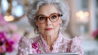 Senior Caucasian woman with silver curly hair wearing red glasses and pink floral dress in elegant interior setting for lifestyle and fashion concepts.