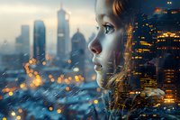 Young Asian woman profile merged with night cityscape, glowing bokeh lights and raindrops on window create dreamy double exposure effect for creative projects.