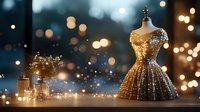 Sparkling gold sequin dress on mannequin with magical bokeh lights and glitter effect, creating romantic festive atmosphere for fashion and celebration design.