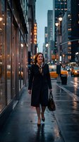 Professional businesswoman walking on wet city street at dusk with glowing streetlights and urban skyscrapers creating atmospheric evening commute scene.