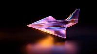 Futuristic aircraft with iridescent metallic surface reflecting purple and blue colors against dark background with glowing orange light effect creates sci-fi atmosphere.