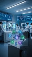 Modern medical laboratory with diverse scientists using advanced technology and digital health interface displaying molecular research data and analytics.