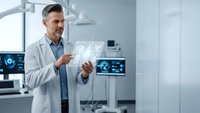Middle-aged Caucasian male doctor in white coat using digital tablet in modern medical facility with advanced technology displays and equipment.