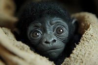 Adorable baby gorilla with expressive brown eyes nestled in soft blanket, showcasing innocent facial expression and fluffy black fur in warm lighting.