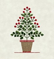 Embroidered Christmas tree with red berries and green leaves in decorative pot on neutral linen background. Festive holiday botanical design.