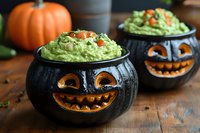 Spooky black pumpkin bowls filled with green guacamole dip and decorated with carved faces, served on wooden table for Halloween party celebration.