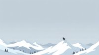 Minimalist winter landscape with snow-covered mountains, evergreen trees, and a solitary figure standing on peak. Suitable for travel, adventure, and nature-themed projects.