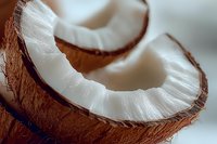 Fresh coconut pieces showing white flesh and brown shell in macro photography, natural organic food ingredient with textured detail and soft lighting.