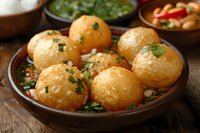 Crispy golden pani puri filled with spicy potato mixture on rustic clay plate, garnished with fresh herbs and chopped vegetables, traditional Indian street food.