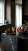 Tabby cat resting on dark marble kitchen counter next to wooden bowl filled with fresh apples and plums, modern interior design with natural light from windows.